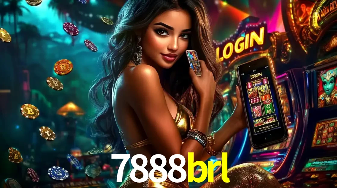 Mulher em um cenário de cassino temático de aventura, mostrando o app de caça-níqueis da 7888brl no celular. Fichas de apostas flutuam ao redor.