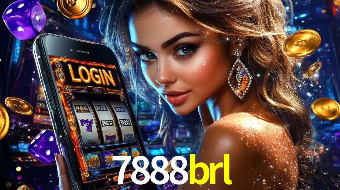 Mulher glamorosa segurando um smartphone com a tela de login para os jogos de caça-níqueis do cassino online 7888brl, com moedas de ouro e dados ao redor.